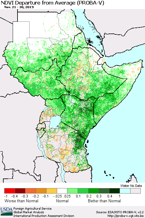 Eastern Africa NDVI Departure from Average (PROBA-V) Thematic Map For 11/21/2019 - 11/30/2019