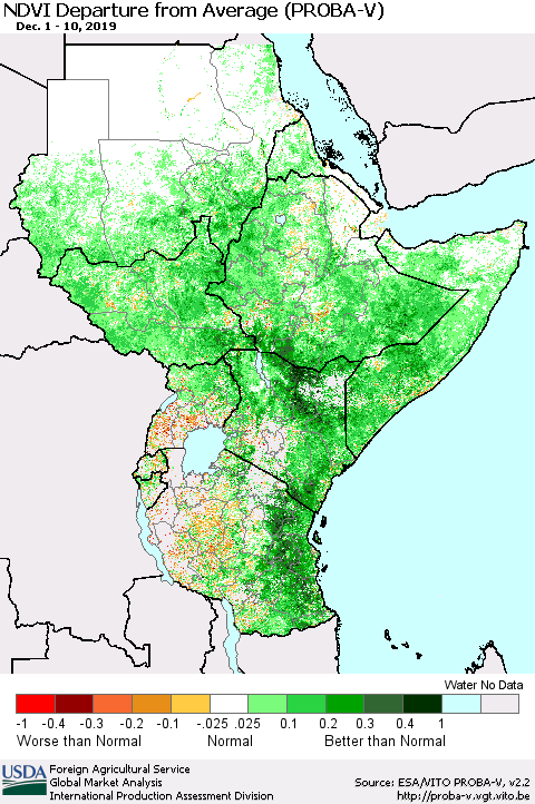 Eastern Africa NDVI Departure from Average (PROBA-V) Thematic Map For 12/1/2019 - 12/10/2019