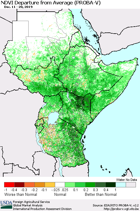 Eastern Africa NDVI Departure from Average (PROBA-V) Thematic Map For 12/11/2019 - 12/20/2019