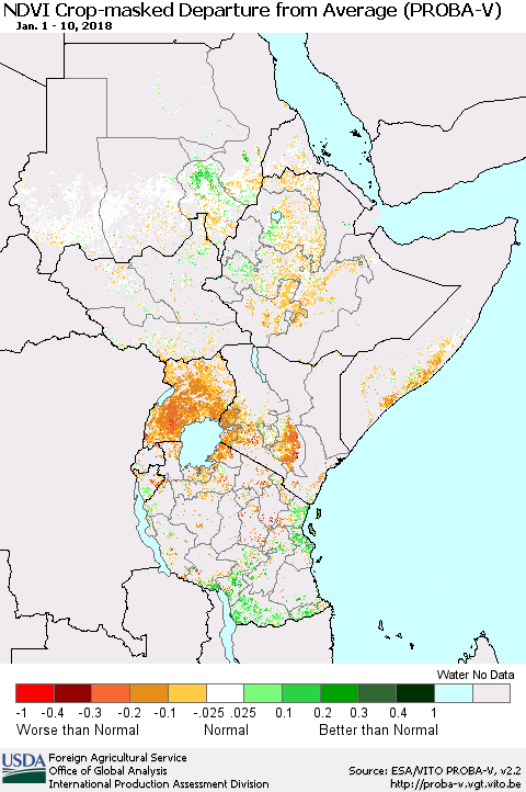 Eastern Africa NDVI Crop-masked Departure from Average (PROBA-V) Thematic Map For 1/1/2018 - 1/10/2018