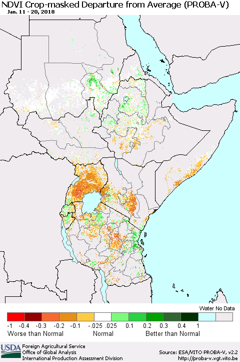 Eastern Africa NDVI Crop-masked Departure from Average (PROBA-V) Thematic Map For 1/11/2018 - 1/20/2018