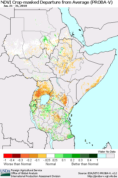 Eastern Africa NDVI Crop-masked Departure from Average (PROBA-V) Thematic Map For 1/21/2018 - 1/31/2018