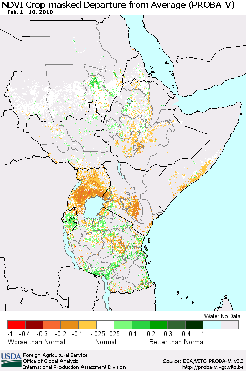 Eastern Africa NDVI Crop-masked Departure from Average (PROBA-V) Thematic Map For 2/1/2018 - 2/10/2018