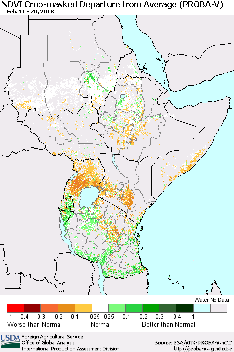Eastern Africa NDVI Crop-masked Departure from Average (PROBA-V) Thematic Map For 2/11/2018 - 2/20/2018