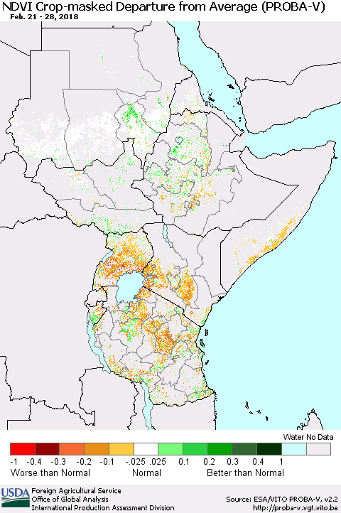 Eastern Africa NDVI Crop-masked Departure from Average (PROBA-V) Thematic Map For 2/21/2018 - 2/28/2018