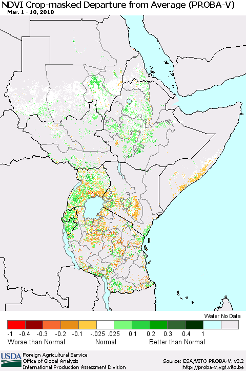 Eastern Africa NDVI Crop-masked Departure from Average (PROBA-V) Thematic Map For 3/1/2018 - 3/10/2018