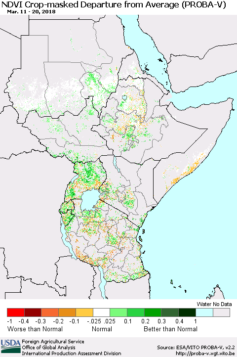 Eastern Africa NDVI Crop-masked Departure from Average (PROBA-V) Thematic Map For 3/11/2018 - 3/20/2018