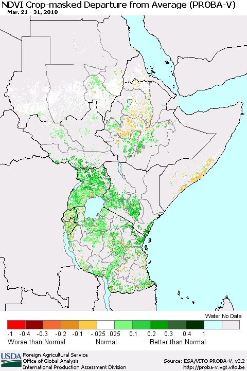 Eastern Africa NDVI Crop-masked Departure from Average (PROBA-V) Thematic Map For 3/21/2018 - 3/31/2018