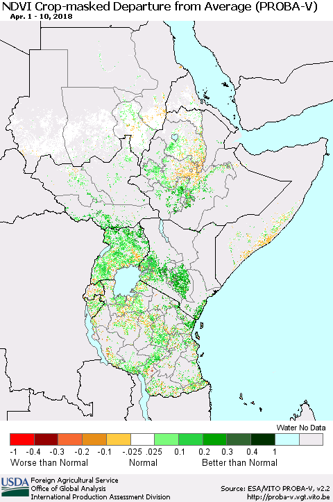 Eastern Africa NDVI Crop-masked Departure from Average (PROBA-V) Thematic Map For 4/1/2018 - 4/10/2018
