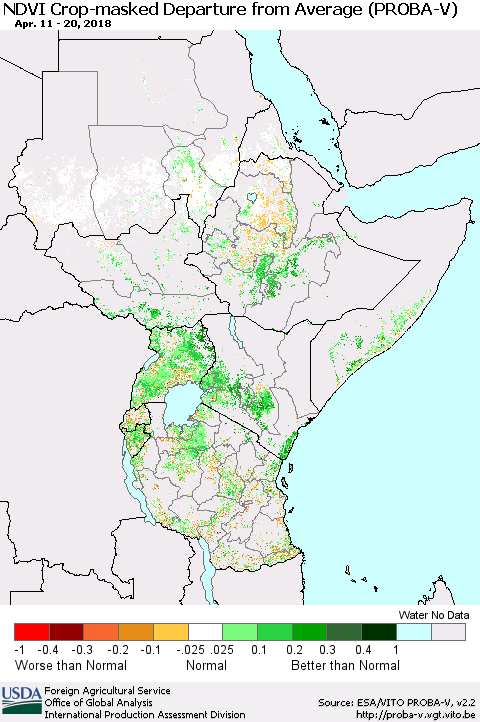 Eastern Africa NDVI Crop-masked Departure from Average (PROBA-V) Thematic Map For 4/11/2018 - 4/20/2018