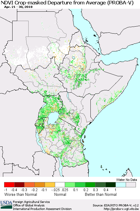 Eastern Africa NDVI Crop-masked Departure from Average (PROBA-V) Thematic Map For 4/21/2018 - 4/30/2018