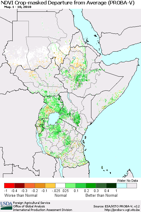 Eastern Africa NDVI Crop-masked Departure from Average (PROBA-V) Thematic Map For 5/1/2018 - 5/10/2018