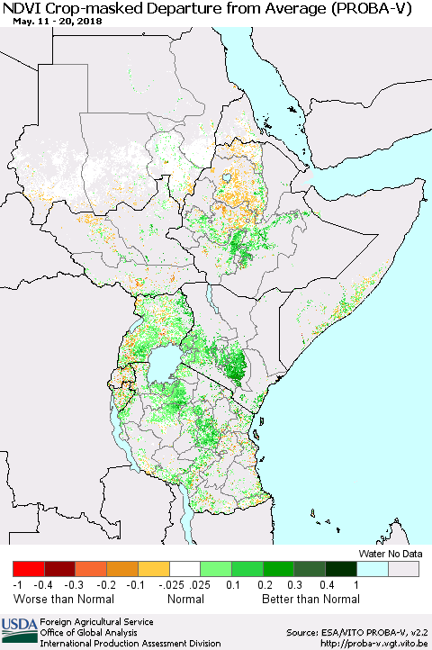 Eastern Africa NDVI Crop-masked Departure from Average (PROBA-V) Thematic Map For 5/11/2018 - 5/20/2018