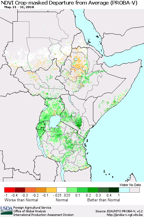 Eastern Africa NDVI Crop-masked Departure from Average (PROBA-V) Thematic Map For 5/21/2018 - 5/31/2018