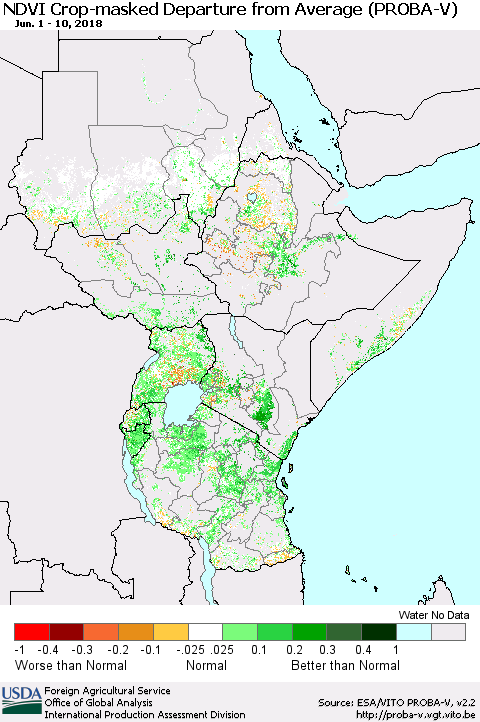 Eastern Africa NDVI Crop-masked Departure from Average (PROBA-V) Thematic Map For 6/1/2018 - 6/10/2018