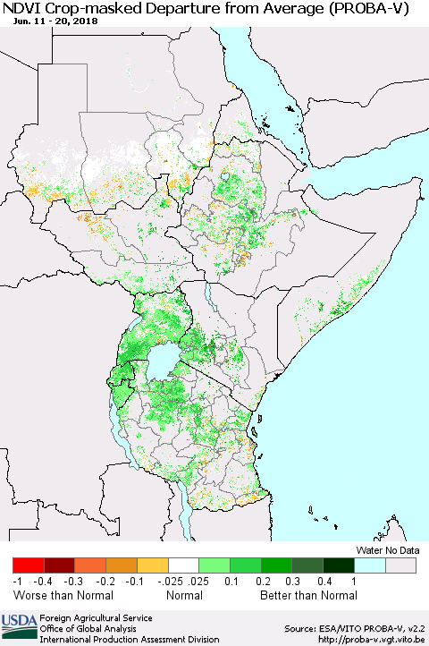 Eastern Africa NDVI Crop-masked Departure from Average (PROBA-V) Thematic Map For 6/11/2018 - 6/20/2018