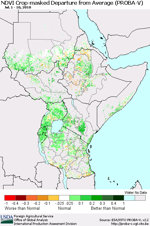 Eastern Africa NDVI Crop-masked Departure from Average (PROBA-V) Thematic Map For 7/1/2018 - 7/10/2018