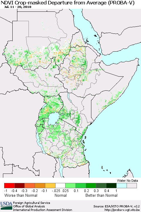 Eastern Africa NDVI Crop-masked Departure from Average (PROBA-V) Thematic Map For 7/11/2018 - 7/20/2018