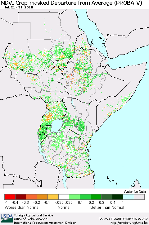Eastern Africa NDVI Crop-masked Departure from Average (PROBA-V) Thematic Map For 7/21/2018 - 7/31/2018