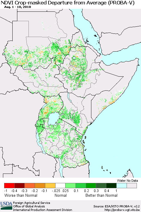 Eastern Africa NDVI Crop-masked Departure from Average (PROBA-V) Thematic Map For 8/1/2018 - 8/10/2018