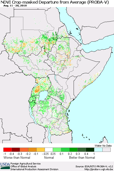 Eastern Africa NDVI Crop-masked Departure from Average (PROBA-V) Thematic Map For 8/11/2018 - 8/20/2018