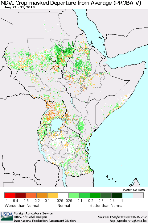 Eastern Africa NDVI Crop-masked Departure from Average (PROBA-V) Thematic Map For 8/21/2018 - 8/31/2018