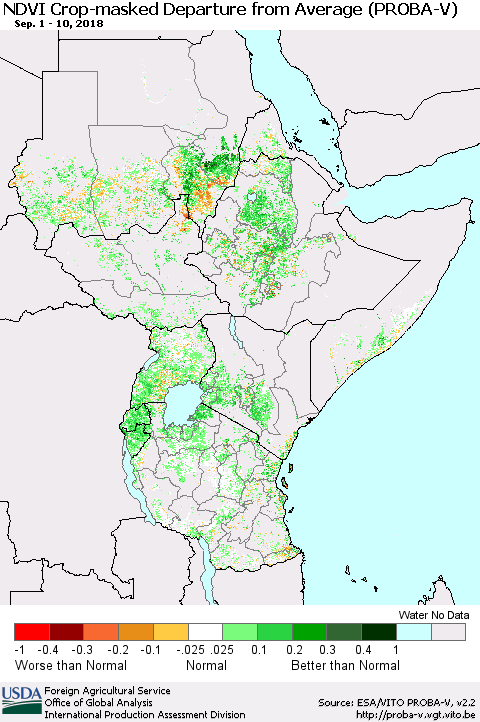 Eastern Africa NDVI Crop-masked Departure from Average (PROBA-V) Thematic Map For 9/1/2018 - 9/10/2018
