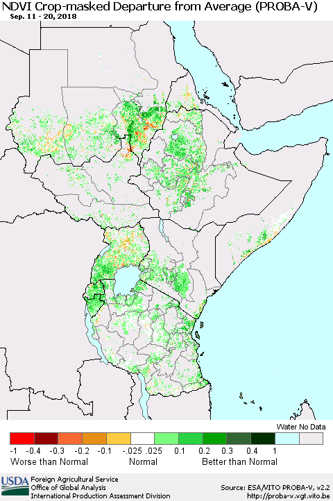 Eastern Africa NDVI Crop-masked Departure from Average (PROBA-V) Thematic Map For 9/11/2018 - 9/20/2018