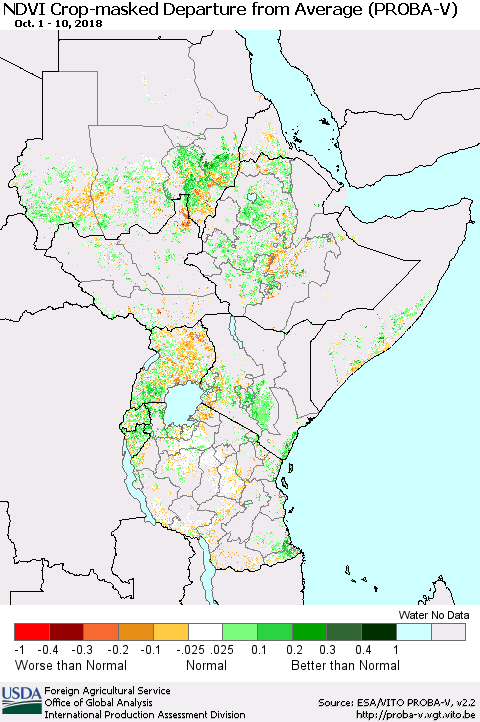 Eastern Africa NDVI Crop-masked Departure from Average (PROBA-V) Thematic Map For 10/1/2018 - 10/10/2018