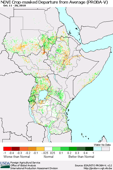 Eastern Africa NDVI Crop-masked Departure from Average (PROBA-V) Thematic Map For 10/11/2018 - 10/20/2018