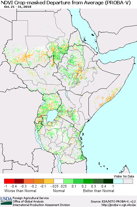 Eastern Africa NDVI Crop-masked Departure from Average (PROBA-V) Thematic Map For 10/21/2018 - 10/31/2018