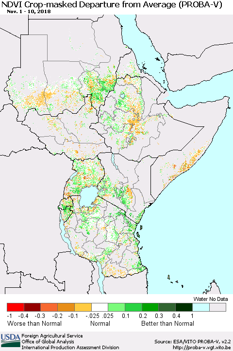 Eastern Africa NDVI Crop-masked Departure from Average (PROBA-V) Thematic Map For 11/1/2018 - 11/10/2018