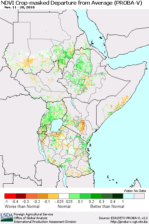 Eastern Africa NDVI Crop-masked Departure from Average (PROBA-V) Thematic Map For 11/11/2018 - 11/20/2018