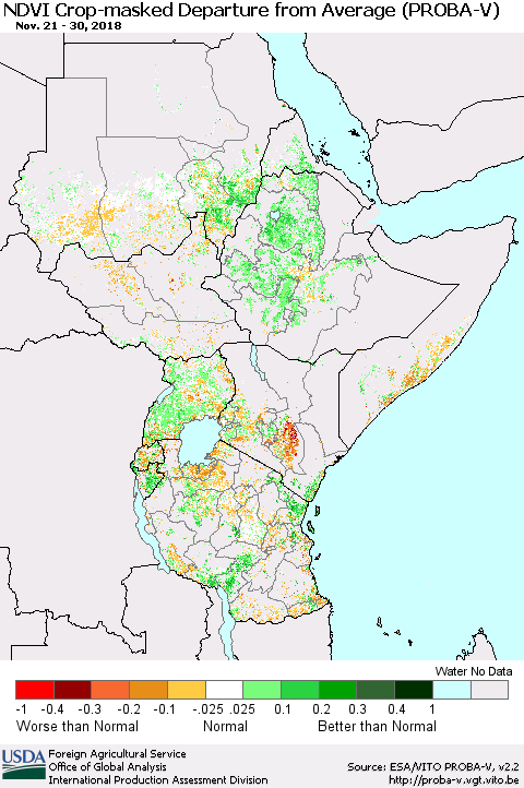Eastern Africa NDVI Crop-masked Departure from Average (PROBA-V) Thematic Map For 11/21/2018 - 11/30/2018