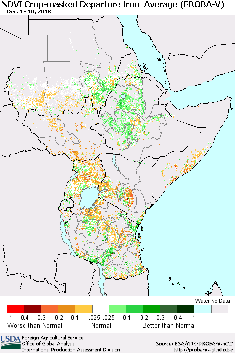 Eastern Africa NDVI Crop-masked Departure from Average (PROBA-V) Thematic Map For 12/1/2018 - 12/10/2018