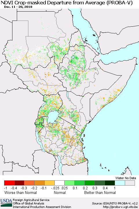 Eastern Africa NDVI Crop-masked Departure from Average (PROBA-V) Thematic Map For 12/11/2018 - 12/20/2018