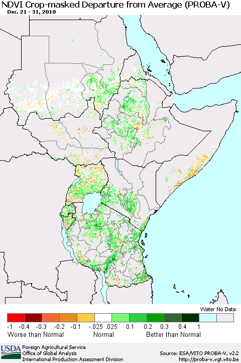Eastern Africa NDVI Crop-masked Departure from Average (PROBA-V) Thematic Map For 12/21/2018 - 12/31/2018