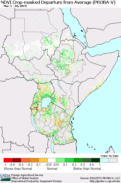 Eastern Africa NDVI Crop-masked Departure from Average (PROBA-V) Thematic Map For 3/1/2019 - 3/10/2019