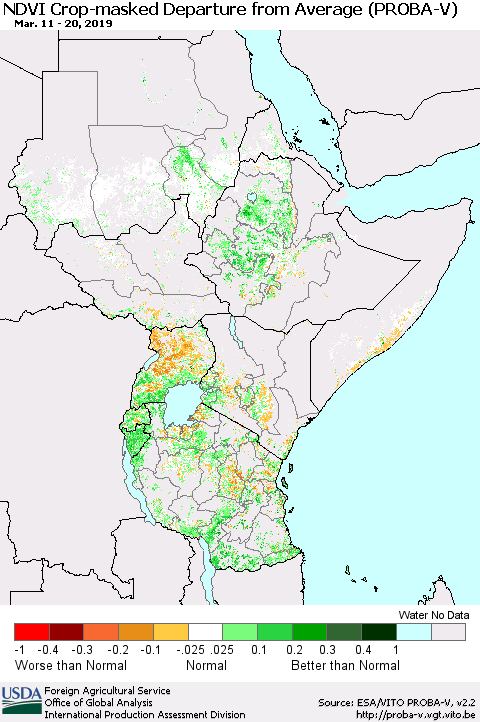 Eastern Africa NDVI Crop-masked Departure from Average (PROBA-V) Thematic Map For 3/11/2019 - 3/20/2019
