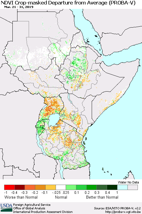 Eastern Africa NDVI Crop-masked Departure from Average (PROBA-V) Thematic Map For 3/21/2019 - 3/31/2019
