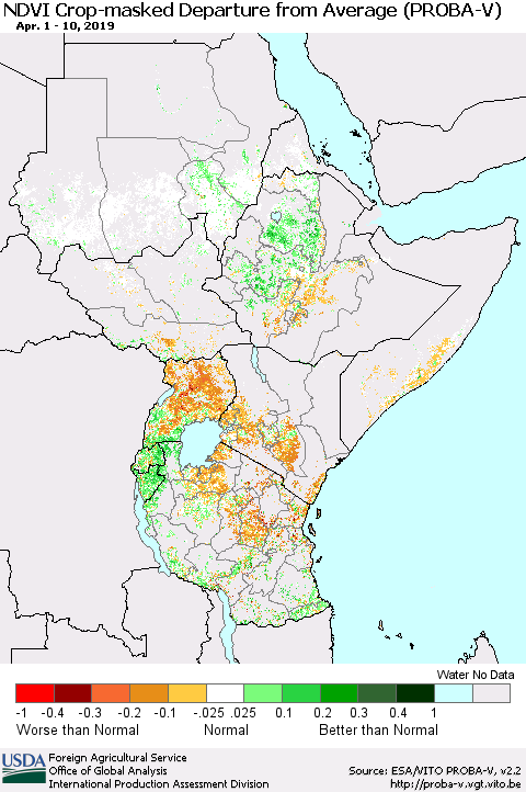 Eastern Africa NDVI Crop-masked Departure from Average (PROBA-V) Thematic Map For 4/1/2019 - 4/10/2019