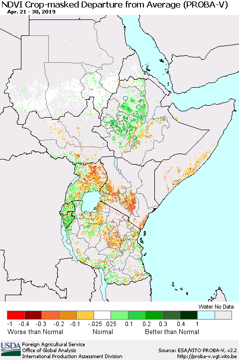 Eastern Africa NDVI Crop-masked Departure from Average (PROBA-V) Thematic Map For 4/21/2019 - 4/30/2019