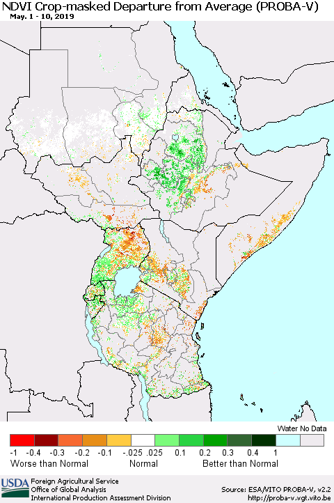 Eastern Africa NDVI Crop-masked Departure from Average (PROBA-V) Thematic Map For 5/1/2019 - 5/10/2019