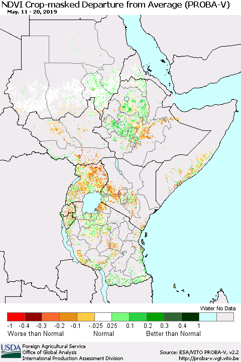 Eastern Africa NDVI Crop-masked Departure from Average (PROBA-V) Thematic Map For 5/11/2019 - 5/20/2019