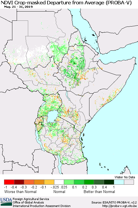 Eastern Africa NDVI Crop-masked Departure from Average (PROBA-V) Thematic Map For 5/21/2019 - 5/31/2019