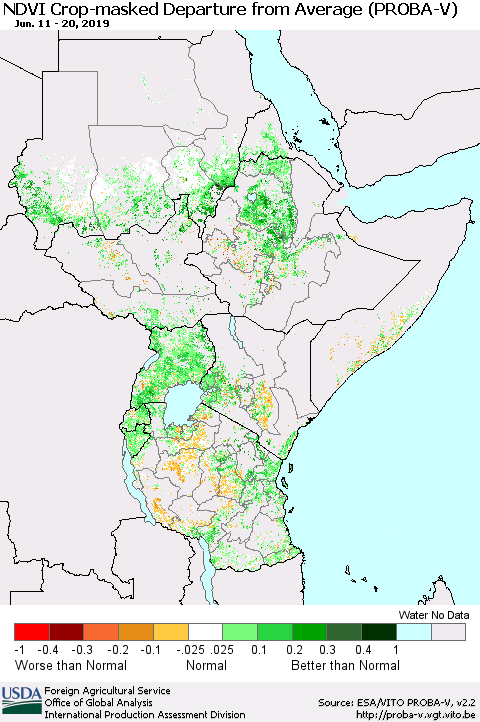 Eastern Africa NDVI Crop-masked Departure from Average (PROBA-V) Thematic Map For 6/11/2019 - 6/20/2019