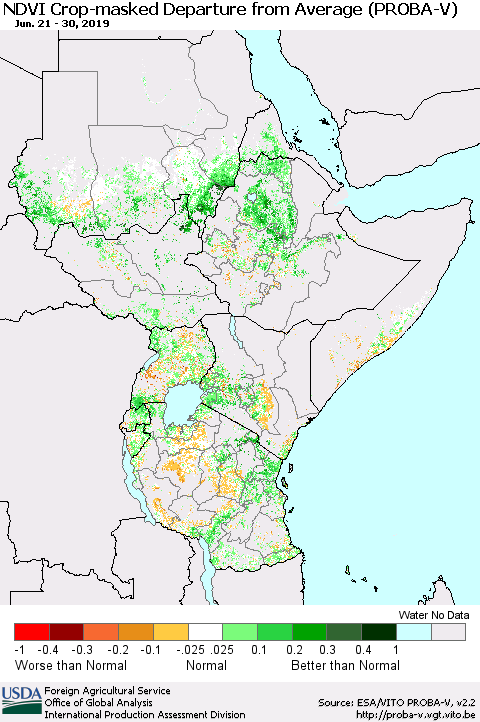 Eastern Africa NDVI Crop-masked Departure from Average (PROBA-V) Thematic Map For 6/21/2019 - 6/30/2019