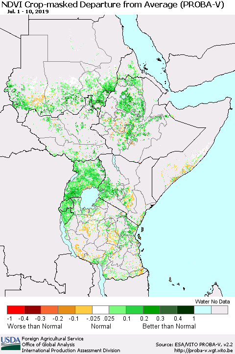Eastern Africa NDVI Crop-masked Departure from Average (PROBA-V) Thematic Map For 7/1/2019 - 7/10/2019