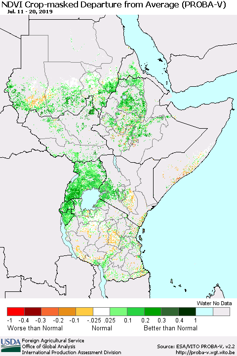 Eastern Africa NDVI Crop-masked Departure from Average (PROBA-V) Thematic Map For 7/11/2019 - 7/20/2019