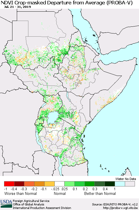 Eastern Africa NDVI Crop-masked Departure from Average (PROBA-V) Thematic Map For 7/21/2019 - 7/31/2019